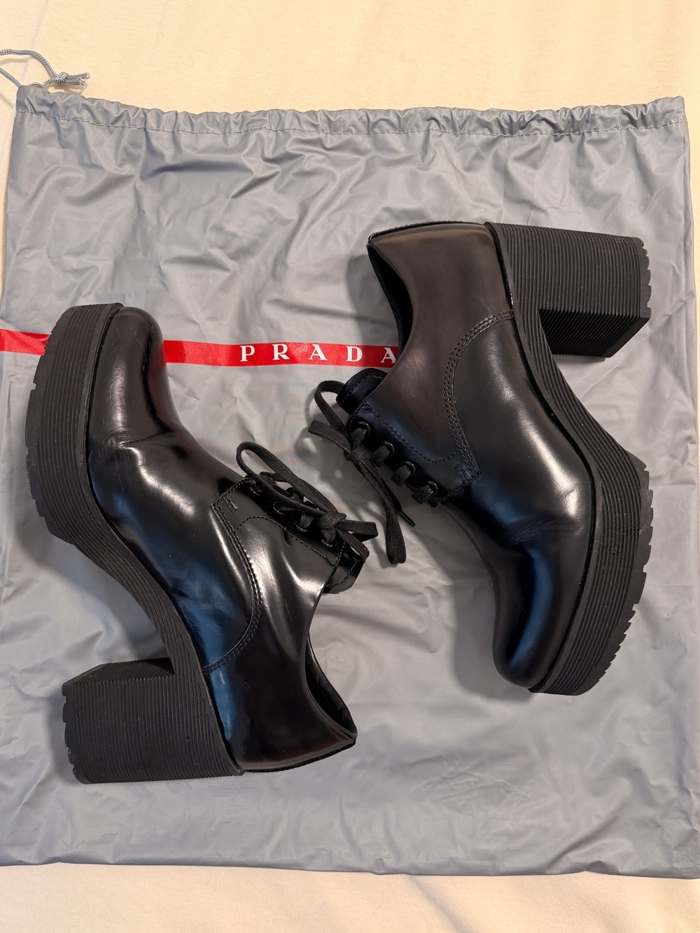 Prada Black Leather Lace-Up Platform Heel Oxfords - Picture 2 of 7